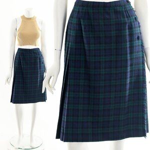 Green Blue Plaid Virgin Wool Fringe Wrap Skirt